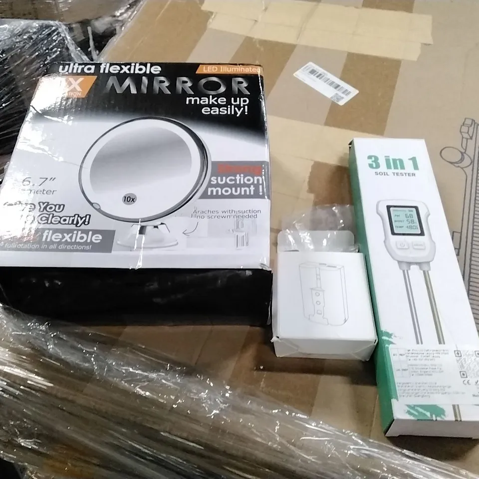 PALLET OF ASSORTED FURNITURE, HOUSEHOLD GOODS & PRODUCTS TO INCLUDE; MIRROR, SOIL TESTER, BATTERY, FURNITURE ETC 