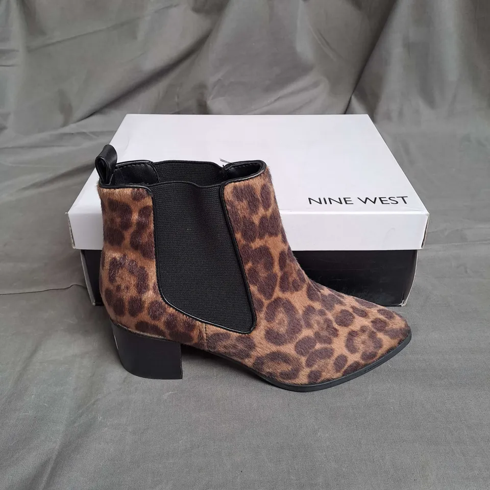 BOXED PAIR OF NINE WEST SUEDE ANKLE BOOTS IN LEOPARD SIZE EU 35