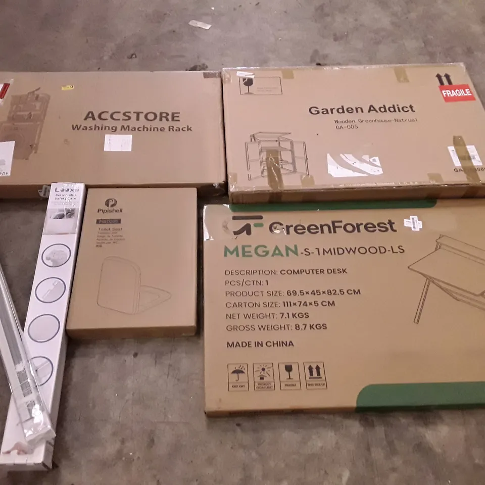 PALLET OF ASSORTED PRODUCTS INCLUDING ACCSTORE WASHING MACHINE RACK, WOODEN GREENHOUSE, COMPUTER DESK, TOILET SEAT, RETRACTABLE SAFETY GATE, ROLLER BLINDS
