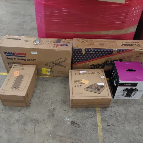 PALLET OF ASSORTED ITEMS INCLUDING: CHILDREN'S BIKE, TRAINING BENCH, RICE COOKER, AUDIO TURNTABLE, SMART HEATER