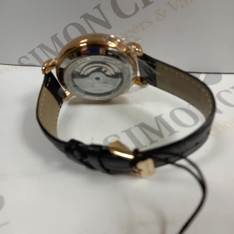 BOXED SAMUEL JOSEPH AUTOMATIC ROSE BLACK WATCH WITH LEATHER STRAP