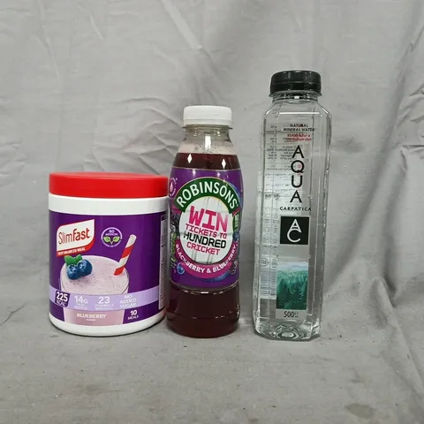 APPROXIMATELY 5 ASSORTED FOOD AND DRINK ITEMS TO INCLUDE AQUA, ROBINSONS, SLIMFAST, ETC