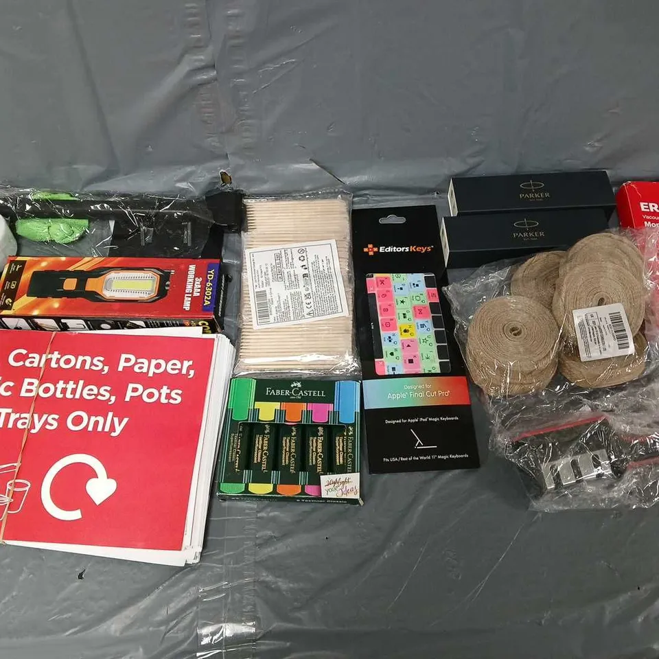 APPROXIMATELY 10 ASSORTED HOUSEHOLD ITEMS TO INCLUDE - MORTICE DOOR LOCK, HIGHLIGHTERS, AND TOOTHPICKS ETC. 