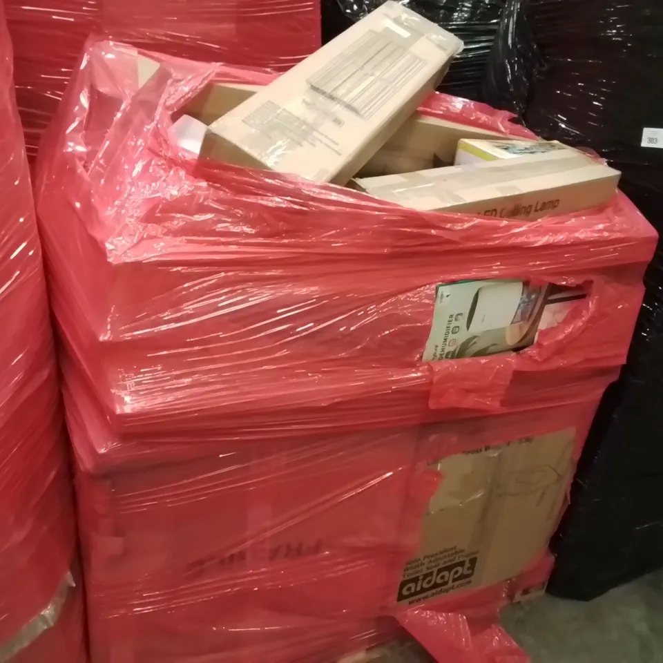 PALLET OF ASSORTED ITEMS INCLUDING: HYSURE DEHUMIDIFIER, STUFFED ANIMAL STORAGE, KICK 'N' ROLL SCOOTER, LED CEILING LAMP, TOILET SEAT AND FRAME ECT