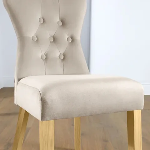 BOXED BEWLEY DINING CHAIR, CHAMPAGNE CLASSIC VELVET & NATURAL OAK FINISHED SOLID HARDWOOD