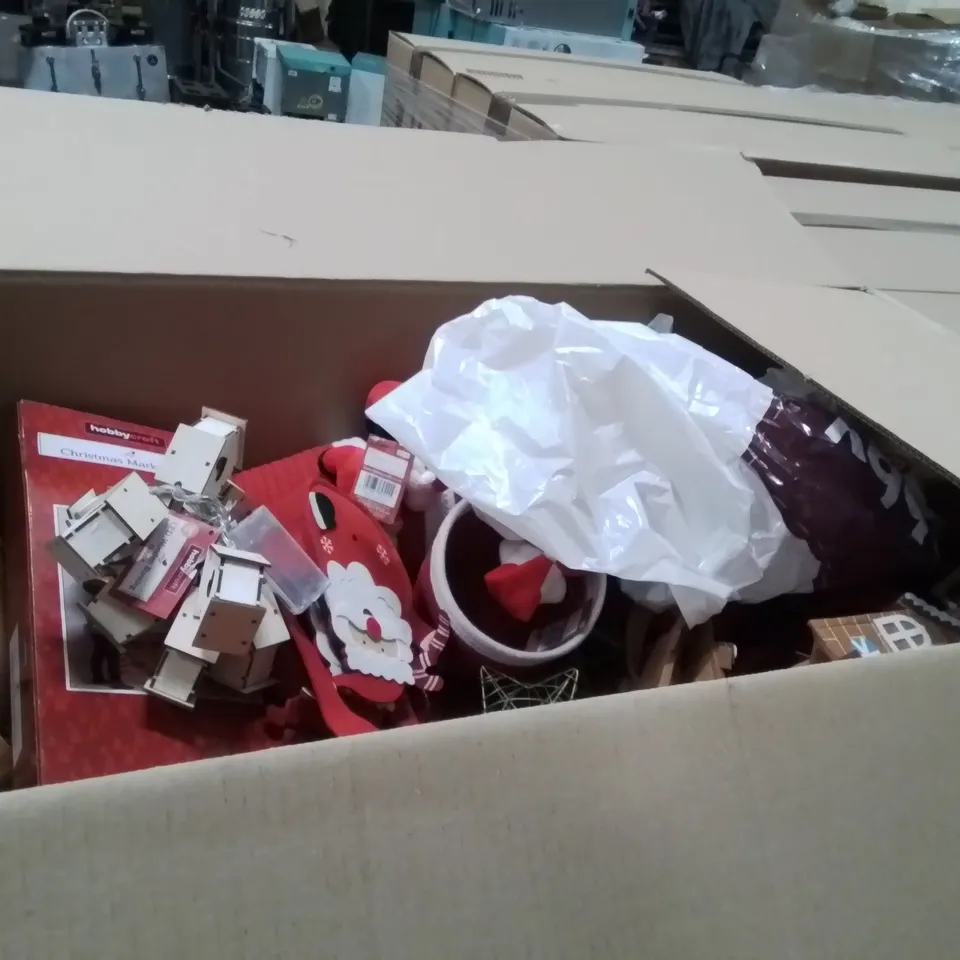 PALLET CONTAINING A LARGE QUANTITY OF ASSORTED CHRISTMAS DECORATIONS AND PRODUCTS TO INCLUDE;FELT BUCKET SANTA,CHRISTMAS MARKET TENT,LED WOODEN BUNTING HOUSE