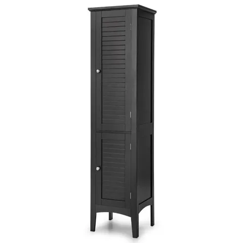 BOXED BATHROOM CABINET WITH 5 COMPARTMENTS & 2 SLATTED DOORS & SHELVES & ANTI-TILT DEVICE NARROW TALL CABINET - GREY