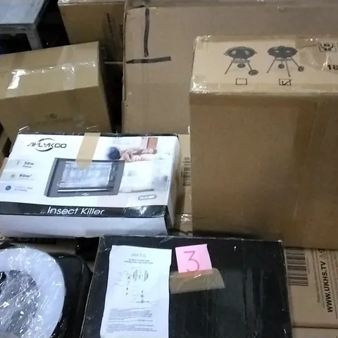 PALLET OF ASSORTED ITEMS INCLUDING A RING LIGHT , INSECT ZAPPER , VENTIO STAND FAN , 18" BARBECUE GRILL