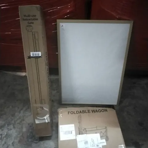 PALLET OF ASSORTED ITEMS INCLUDING; RETRACTABLE MULTI-USE GATE, FOLDABLE WAGON, PICTURE FRAME 