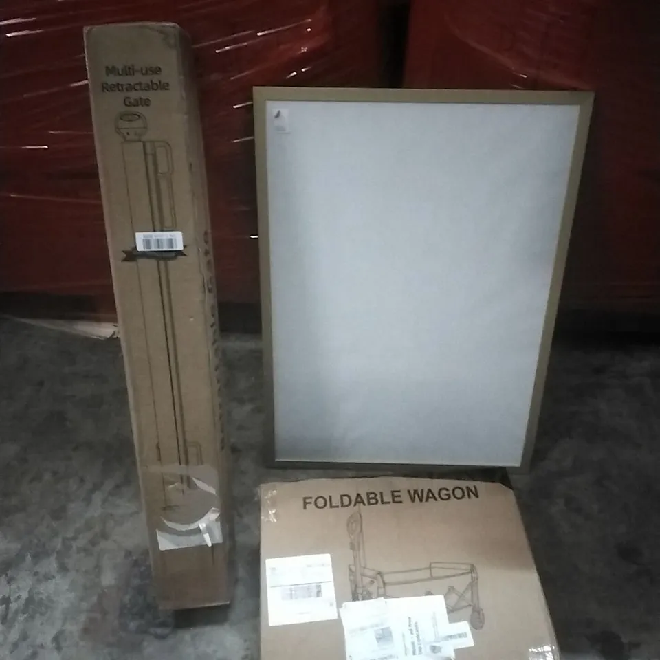 PALLET OF ASSORTED ITEMS INCLUDING; RETRACTABLE MULTI-USE GATE, FOLDABLE WAGON, PICTURE FRAME