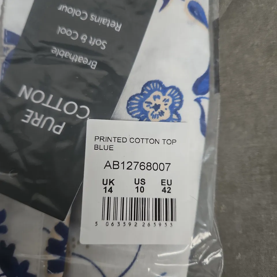COTTON TRADERS PRINTED COTTON TOP – BLUE FLORAL, UK 14