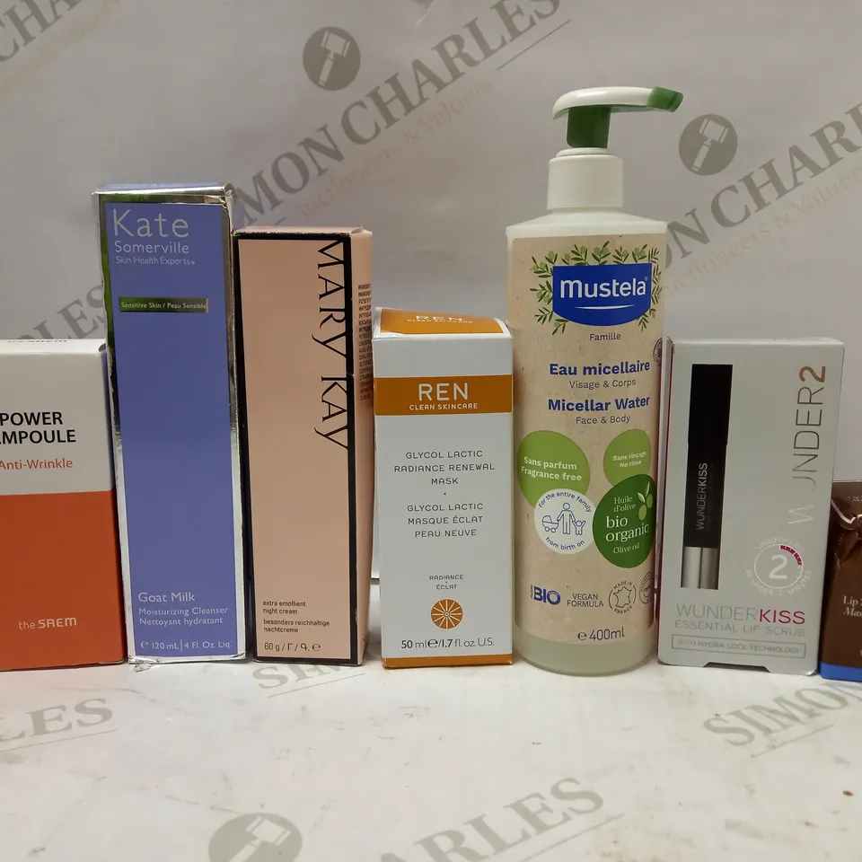 LOT OF APPROX 8 ASSORTED SKINCARE PRODUCTS TO INCLUDE MARY KAY NIGHT CREAM, REN RADIANCE RENEWAL MASK, LANIEGE LIP SLEEPING MASK, ETC 