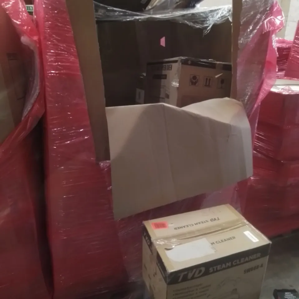 PALLET OF ASSORTED HOUSEHOLD GOODS AND FURNITURE TO INCLUDE;TVD STEAM CLEANER, DUAL ZONE DIGITAL AIR FRYER, EEBBL SMART FULL BODY COMPOSITION ANALYSER SCALE WITH HANDLES ETC