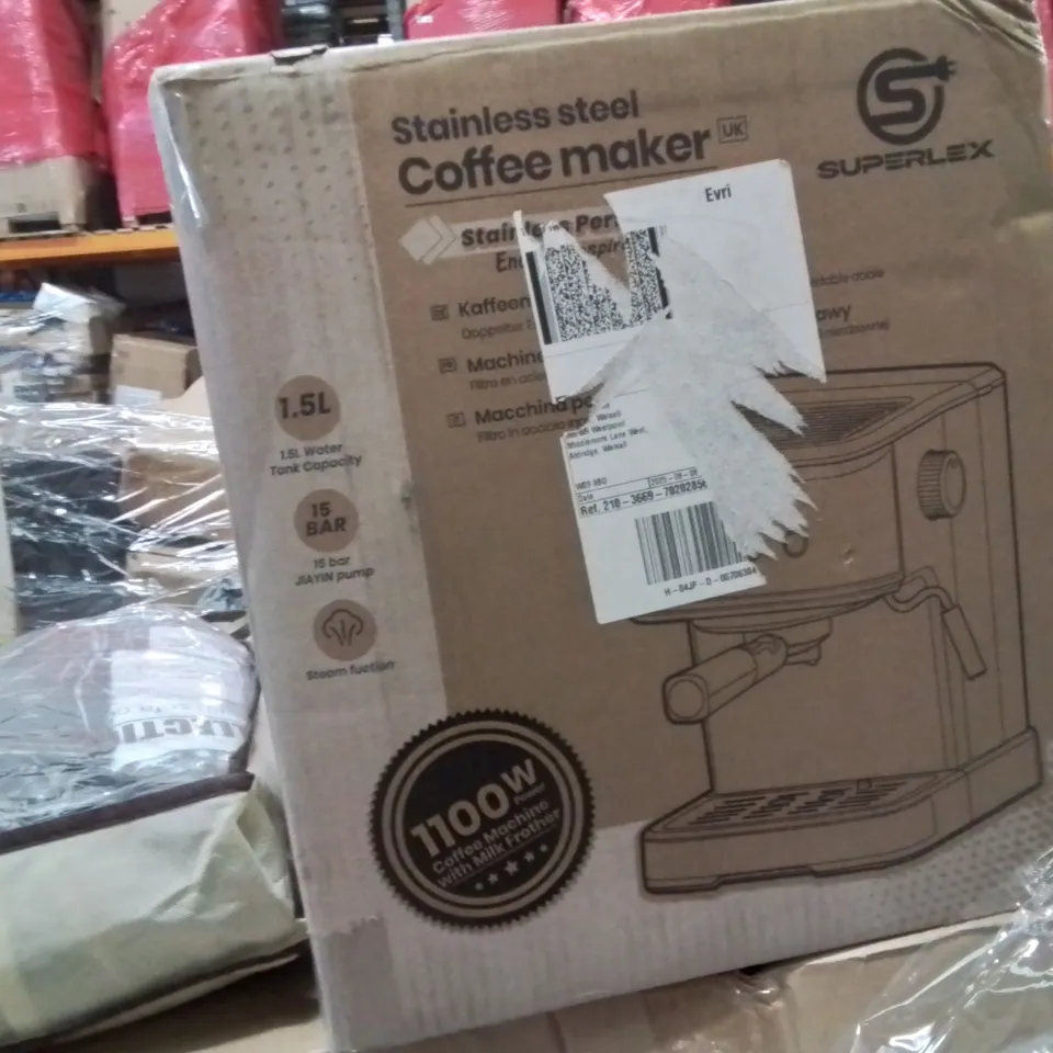 PALLET CONTAINING VARIOUS ASSORTED BOXED ITEMS TO INCLUDE. STAINLESS STEEL COFFEE MAKER, PET STROLLER, CORDLESS HEDGE TRIMMER, ELECTRIC OVEN AND LOTS MORE UNMARKED BOXED ITEMS 