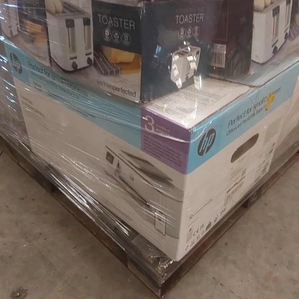 PALLET CONTAINING A VERY LARGE QUANTITY OF ASSORTED ITEMS INCLUDING: TOASTERS, HP OFFICEJET PRO PRINTER, CLEVERSPA HOT TUB, SONY CYBERSHOT CAMERA, OFFICE TELEPHONES ECT