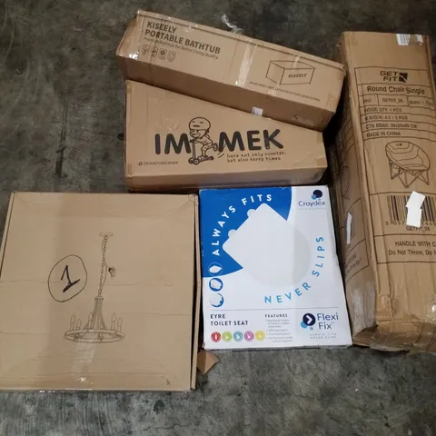 PALLET OF ASSORTED PRODUCTS INCLUDING CHANDELIER, KIDS SCOOTER, PORTABLE BATHTUB, ROUND CAMPING CHAIR, TOILET SEAT