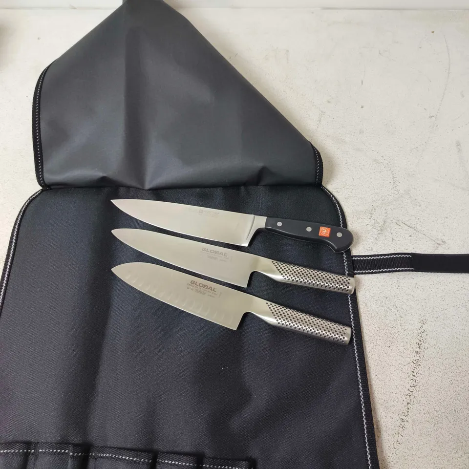 GLOBAL 3-PIECE STAINLESS STEEL KNIFES IN BLACK ROLL CASE