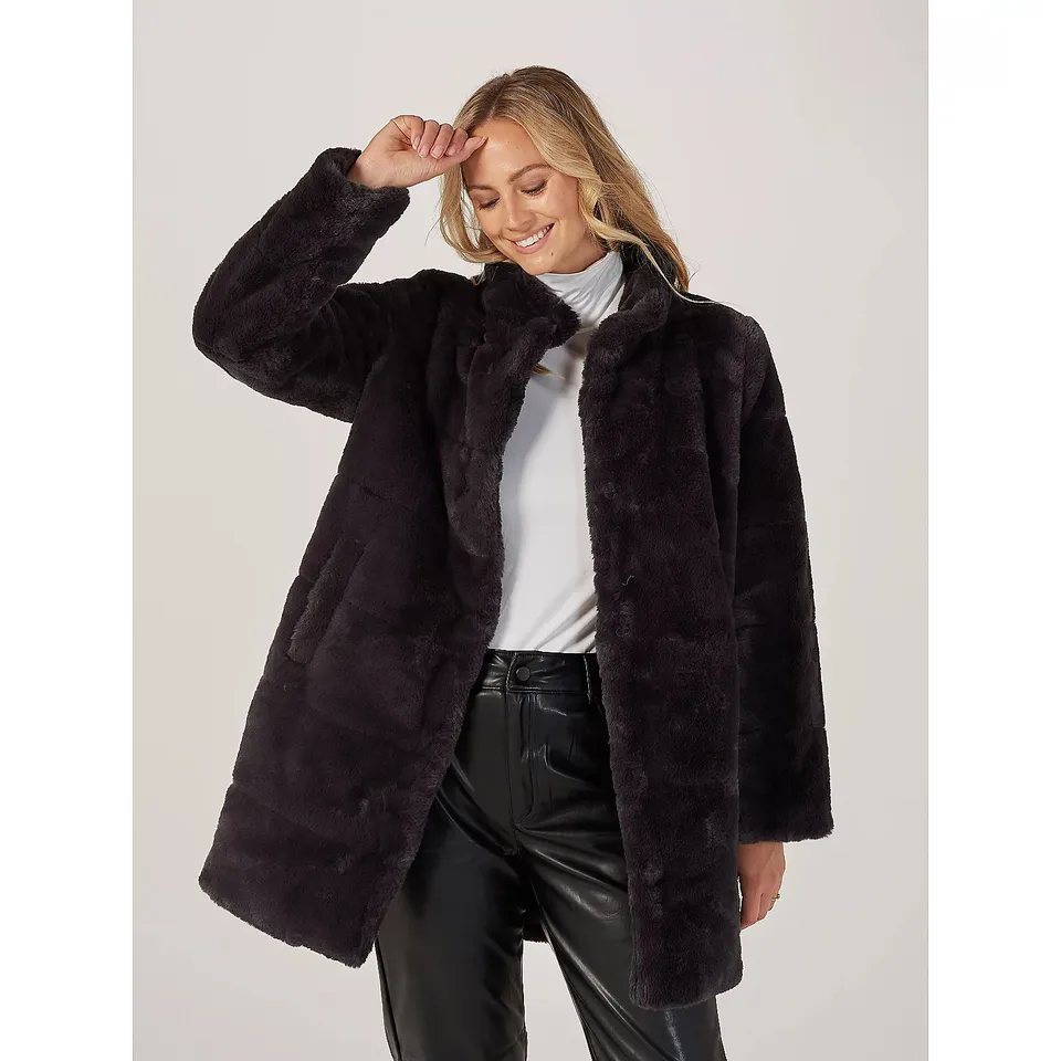 CENTIGRADE LONG LINE FAUX FUR COAT IN SLATE SIZE 3XL