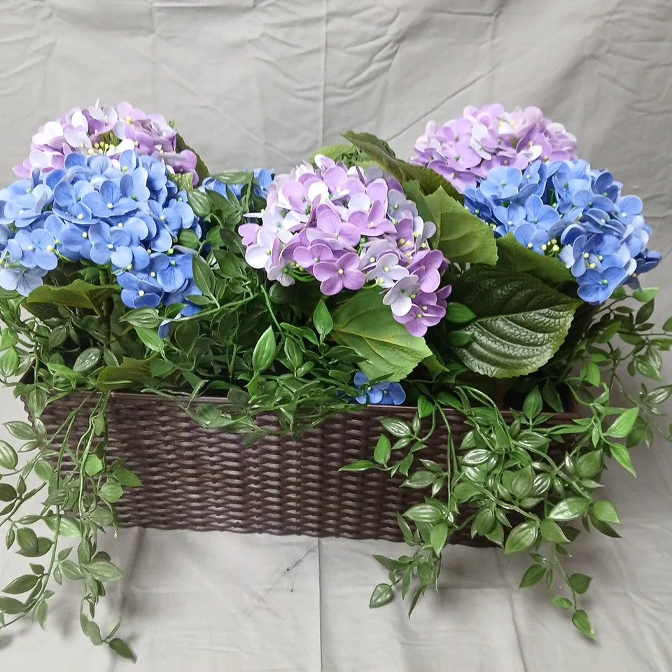 Artificial Hydrangea Basket Arrangement in Wicker Basket – Blue & Purple