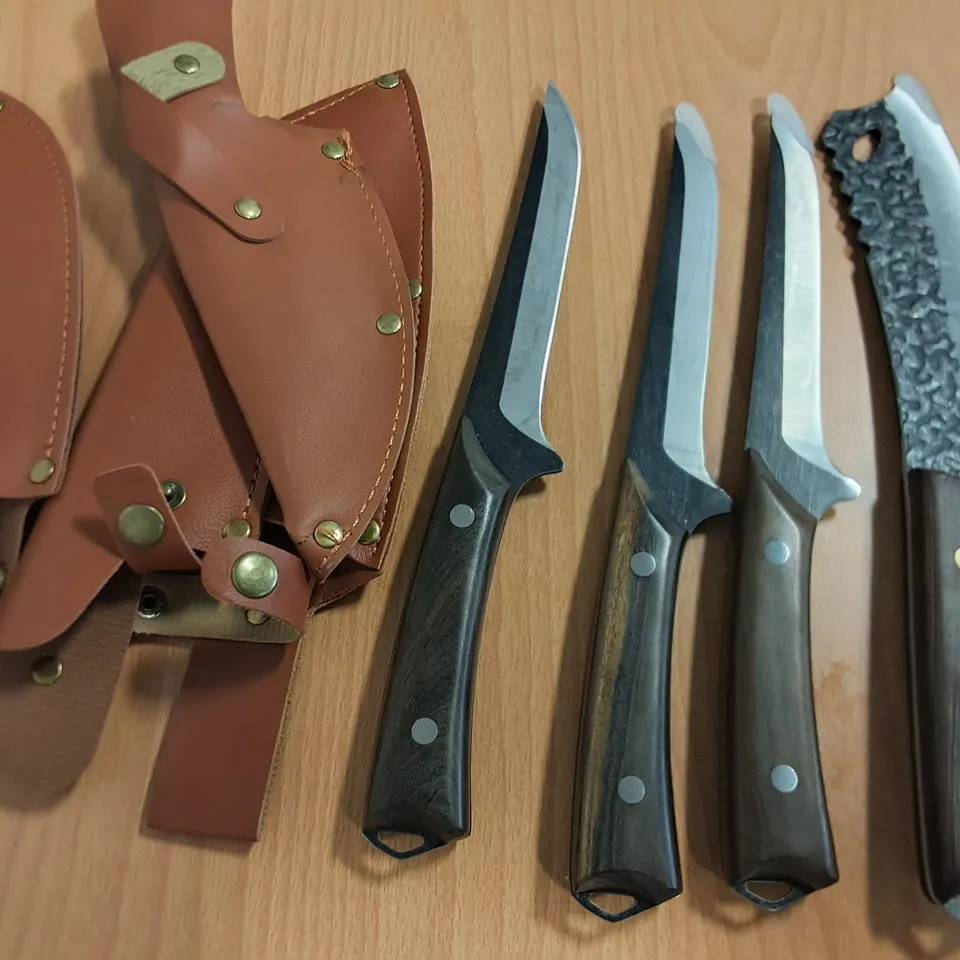 LOT OF 4 FULL TANG KNIFES WITH WOODEN HANDLES 