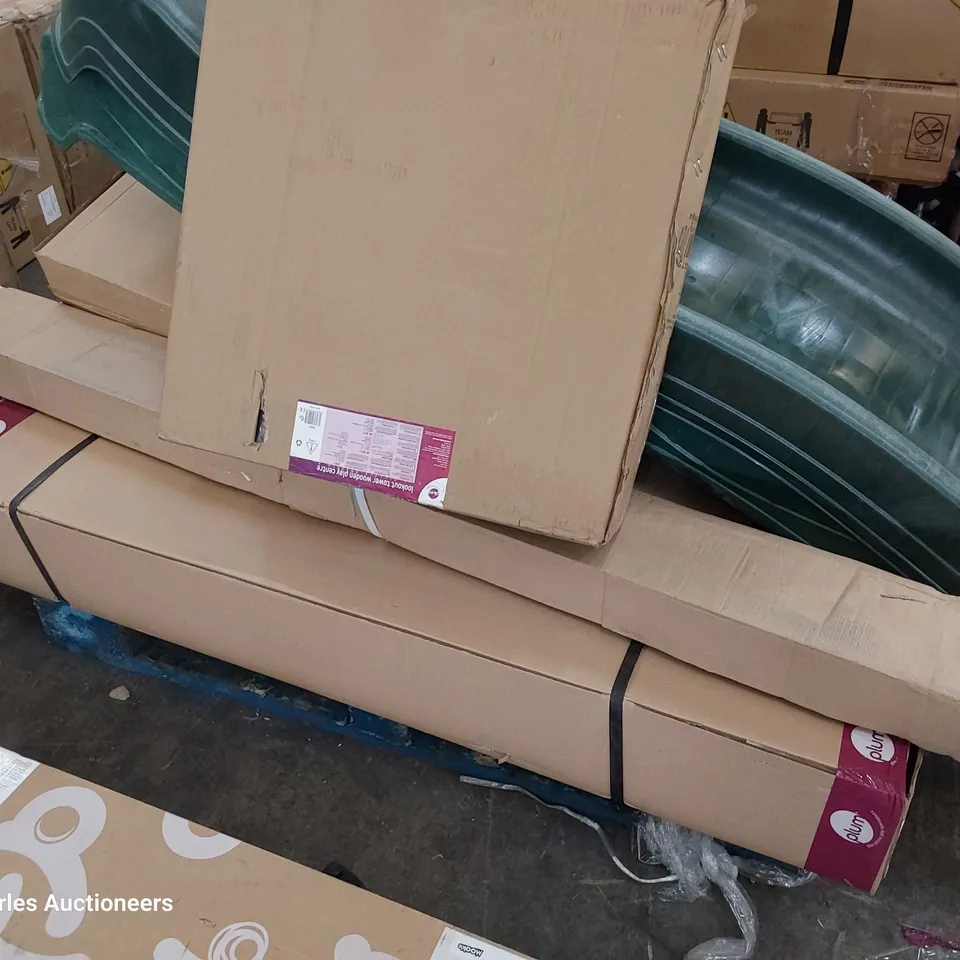 PALLET OF ASSORTED BOXED PLUM WOODEN PARTS INCLUDING CLIMBING TOWER, 2 × WAVY SLIDES.