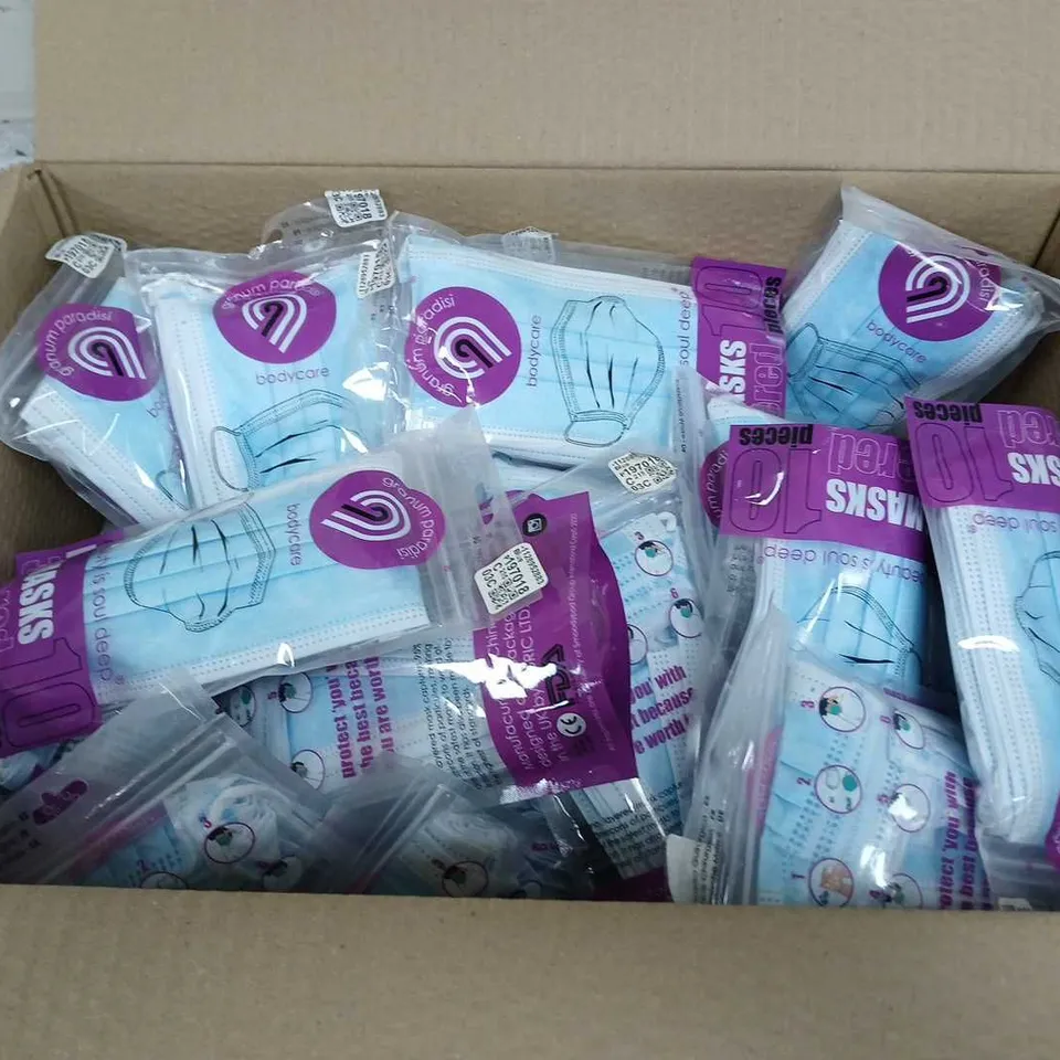 BOX OF APPROXIMATELY 40 PACKS OF MEDICAL 3 LAYERED FACE MASKS - BLUE - 10 MASKS PER PACK