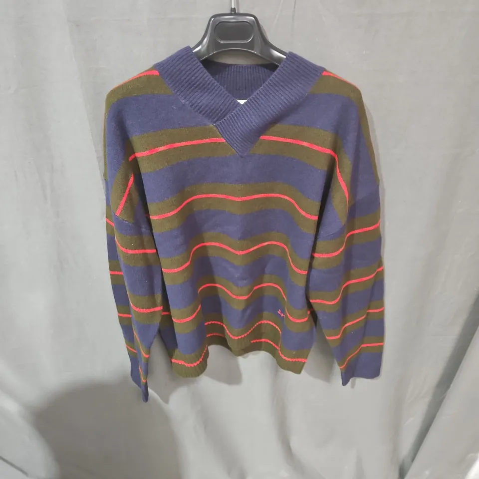 DAMSON MADDER STRIPED KNIT JUMPER – PURPLE & NAVY WITH OLIVE & RED STRIPES (WOMEN) SIZE 12