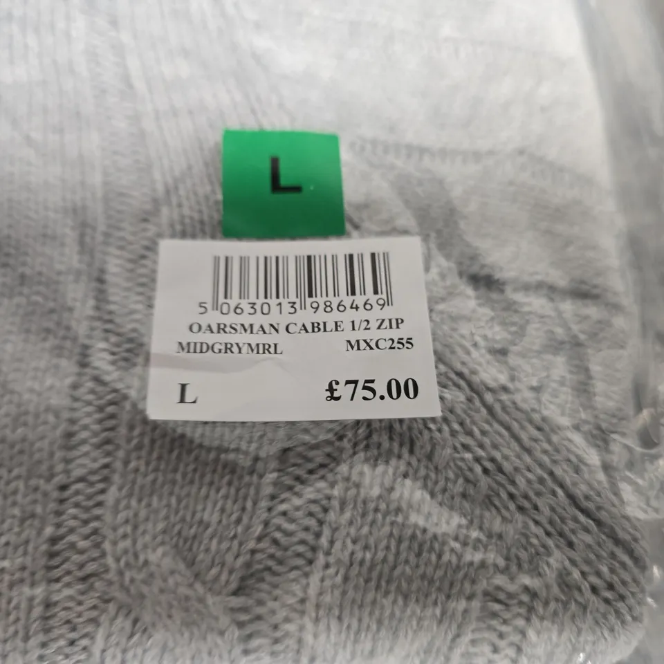 OARSMAN CABLE KNIT HALF-ZIP CARDIGAN – MEN'S, GREY MARL, UK SIZE L 