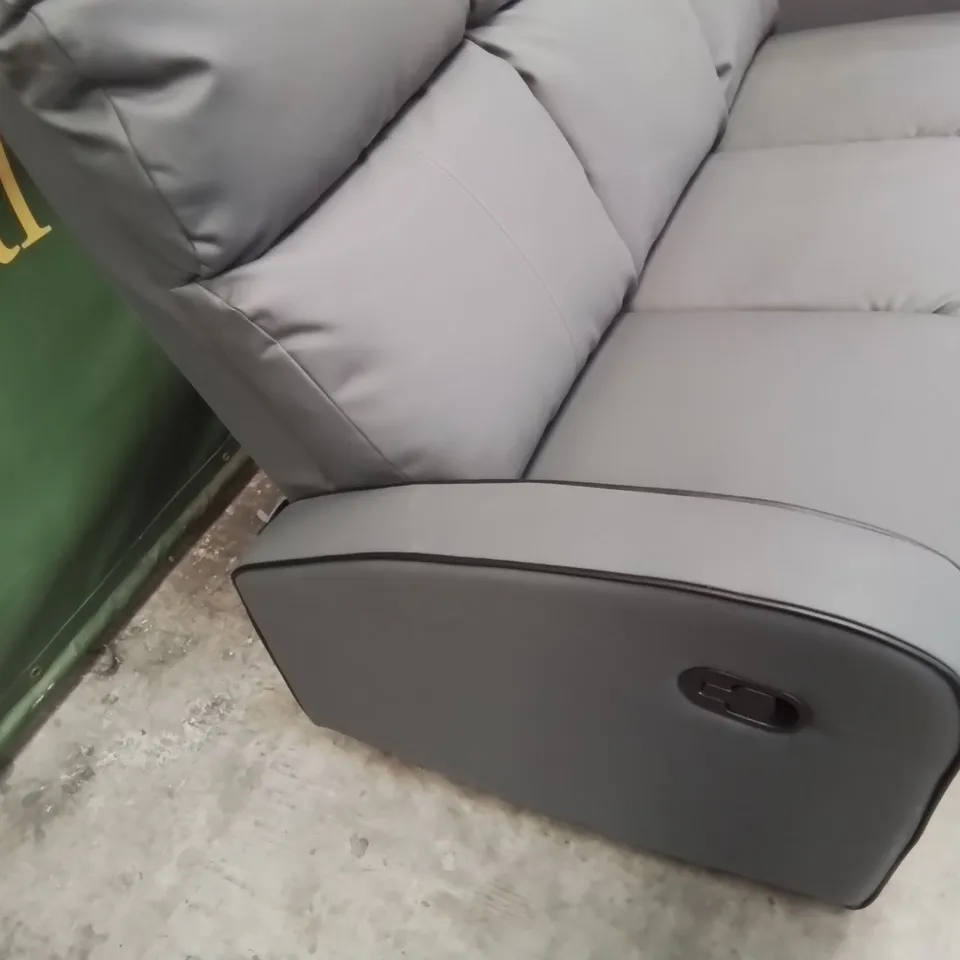 DESIGNER THREE SEATER MANUAL RECLINING SOFA GREY FAUX LEATHER WITH BLACK PIPING