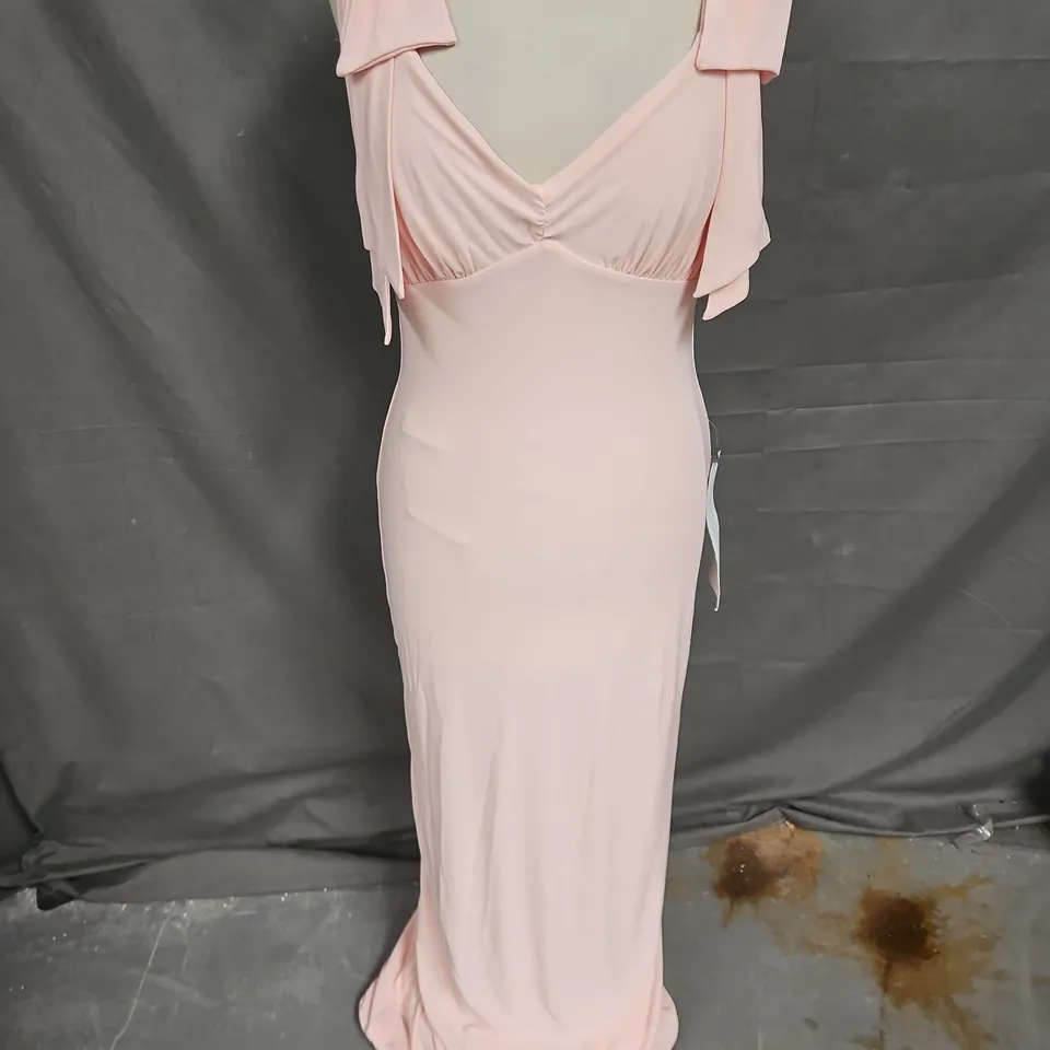CLUB L EVANNA V-NECK MAXI DRESS WITH BOW STRAPS IN ROSE QUARTZ SIZE 10