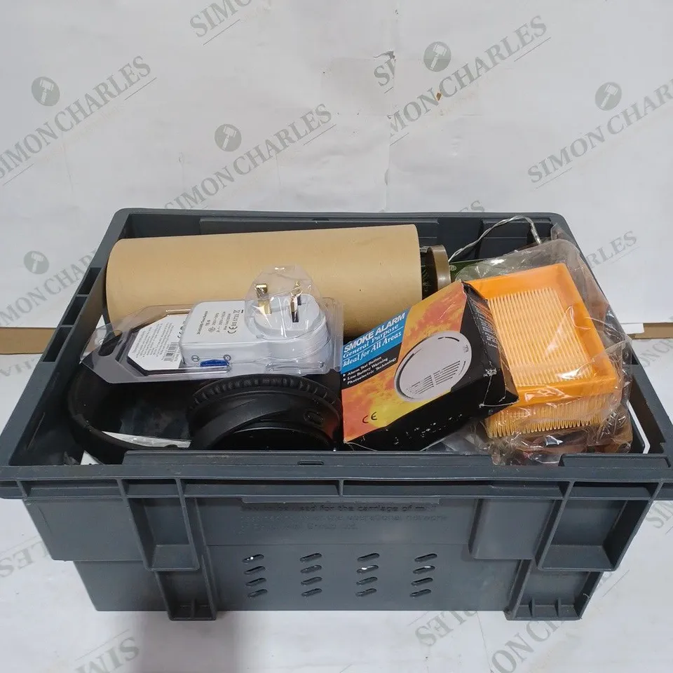 BOX TO CONTAIN APPROXIMATELY 25 ASSORTED HOUSEHOLD PRODUCTS, INCLUDES HEADPHONES, REMOTE, SMOKE ALARM ETC