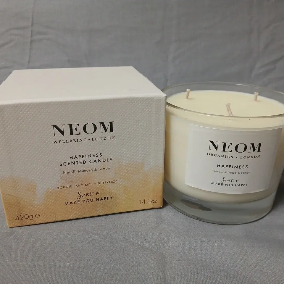NEOM HAPPINESS SCENTED CANDLE – NEROLI, MIMOSA & LEMON (420 G / 14.8 OZ) – BOXED