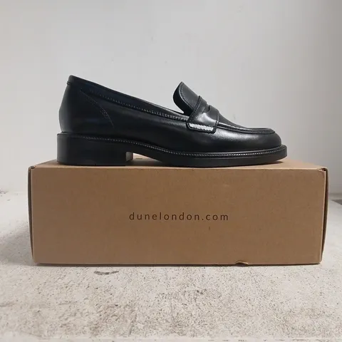 BOXED PAIR OF DUNE LONDON PENNY LOAFERS IN BLACK SIZE 5