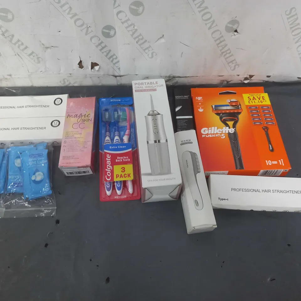 APPROXIMATELY 12 ASSORTED COSMETIC PRODUCTS TO INCLUDE HAIR STRAIGHTENERS, GENTLE LUBE, AND GILLETTE FUSION 5 ETC.