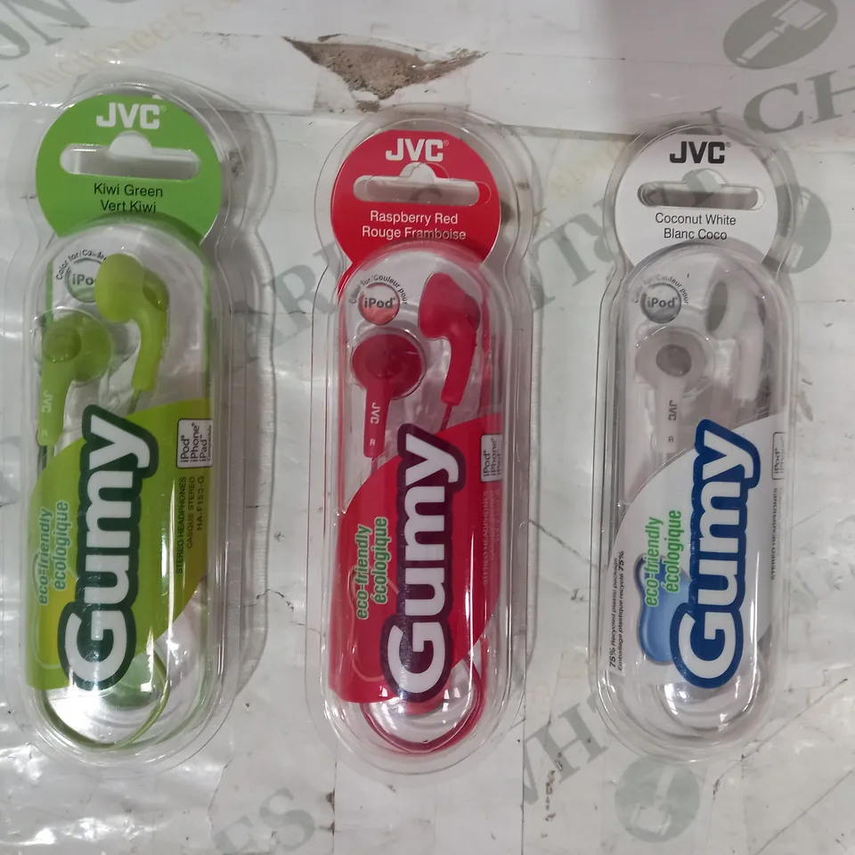 BOX OF APPROXIMATELY 20 ASSORTED JVC GUMY STEREO HEADPHONES IN VARIOUS COLOURS