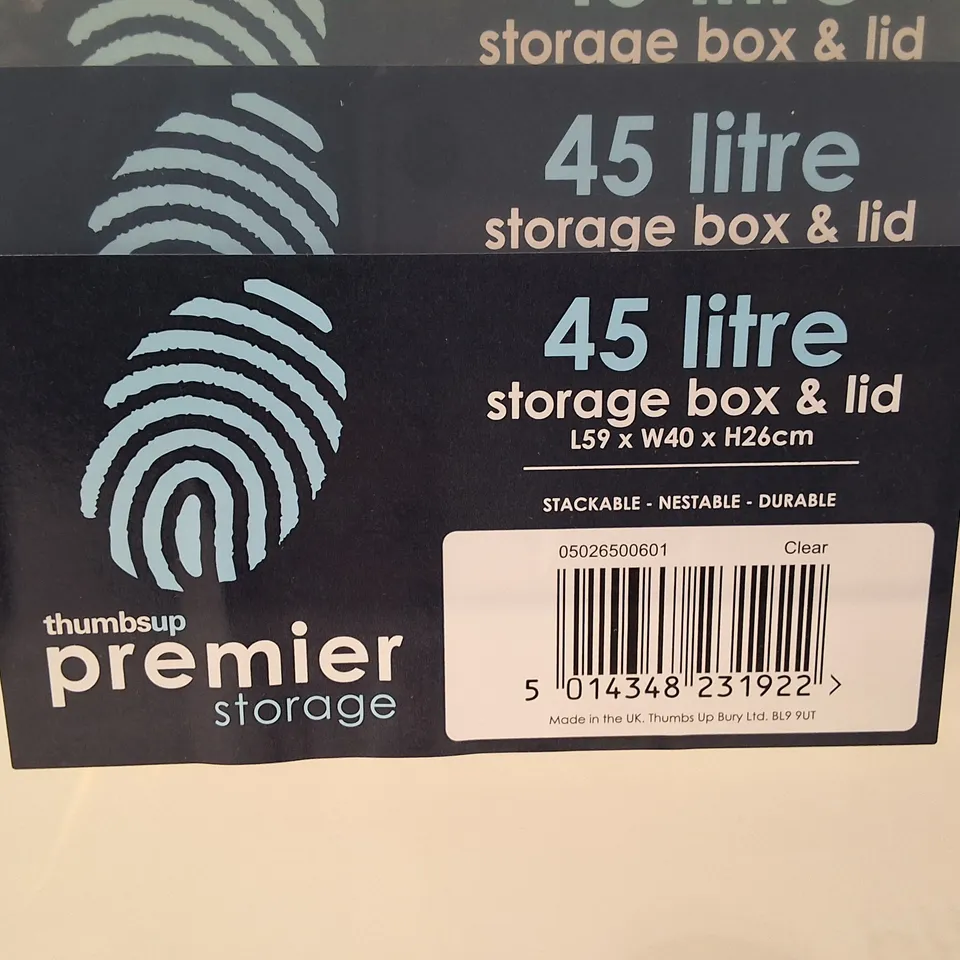 LOT OF 3 THUMBS UP PREMIER STORAGE 45L STORAGE BOXES WITH LIDS