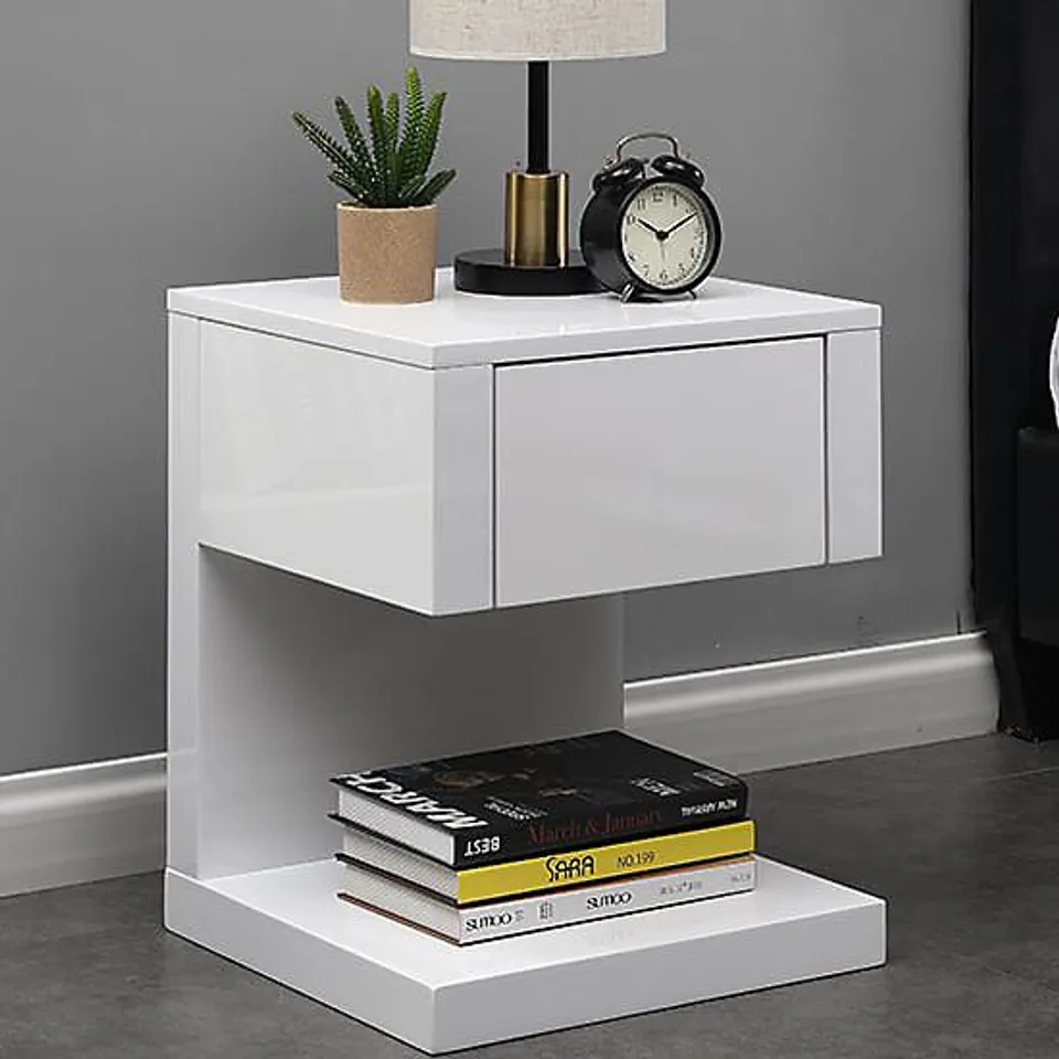 BOXED DIXON BEDSIDE TABLE IN WHITE HIGH GLOSS WITH 1 DRAWER