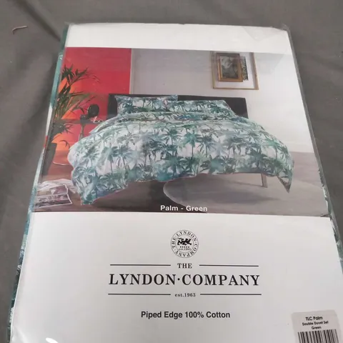 DOUBLE BED FULL BEDDING SET; THE LYNDON COMPANY TLC PALM DOUBLE DUVET SET GREEN, BELLEDORM DOUBLE FITTED SHEET, 2 BELLEDORM PILLOWCASES STANDARD AND CHRISTY ANTI ALLERGY MICROFIBRE PILLOW PROTECTOR PA