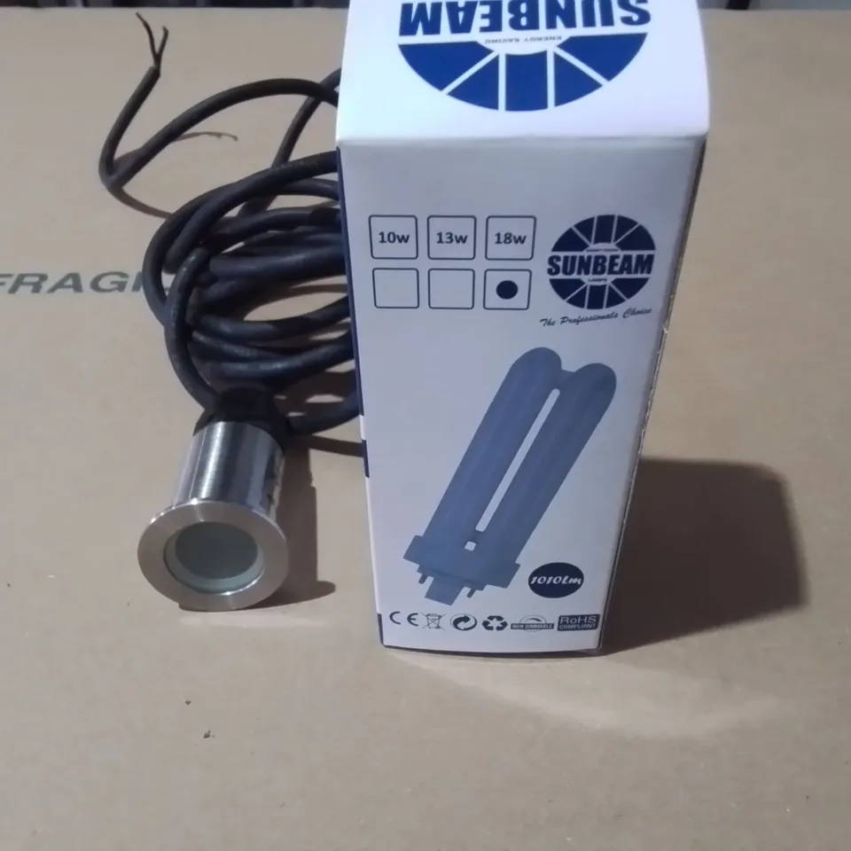 PALLET CONTAINING 9 MULTIPACK BOXES OF ASSORTED LIGHTING ITEMS TO INCLUDE EMCOLITE SUSPENSION LIGHTS, WIRED SPOTLIGHTS AND SUNBEAM BULBS