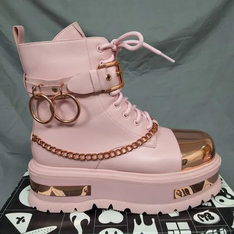 BOXED PAIR OF KOI ROSE GOLD BORIN HARDWARE PLATFORM BOOTS IN PINK/ROSE GOLD SIZE UK 6