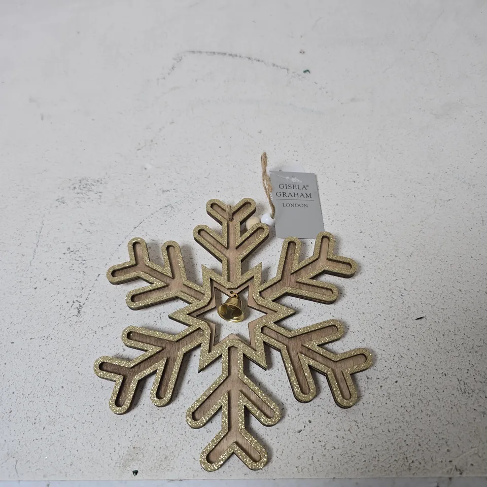 BOXED GISELA GRAHAM NATURAL WOOD SNOWFLAKE WITH GOLD TRIM DECORATION - X12