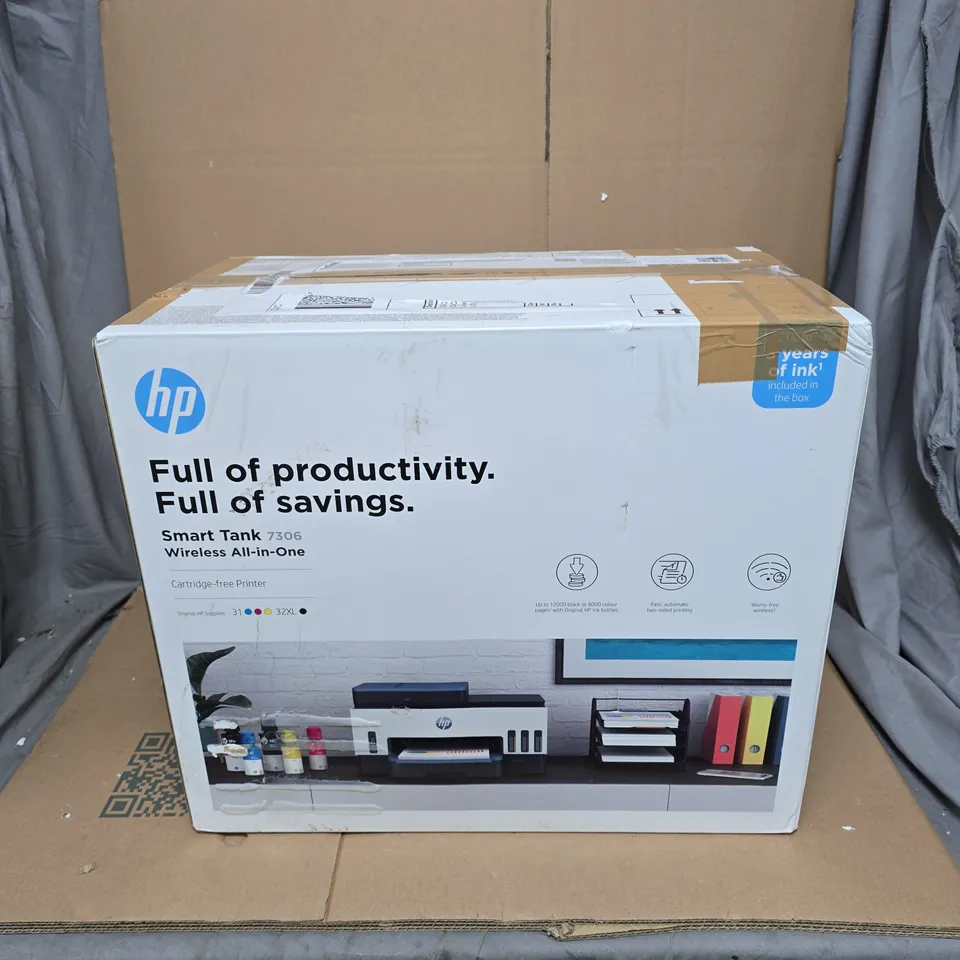 BOXED HP SMART TANK 7306; WIRELESS ALL IN ONE CARTRIDGE FREE PRINTER