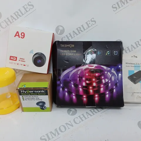 BOX OF APPROX 25 ASSORTED ITEMS TO INCLUDE - TASMOR LED STRIP LIGHT - WIRELESS 2 IN 1 AUDIO RECEIVER - HYPERSONIC STEERING WHEEL SPINNER ECT