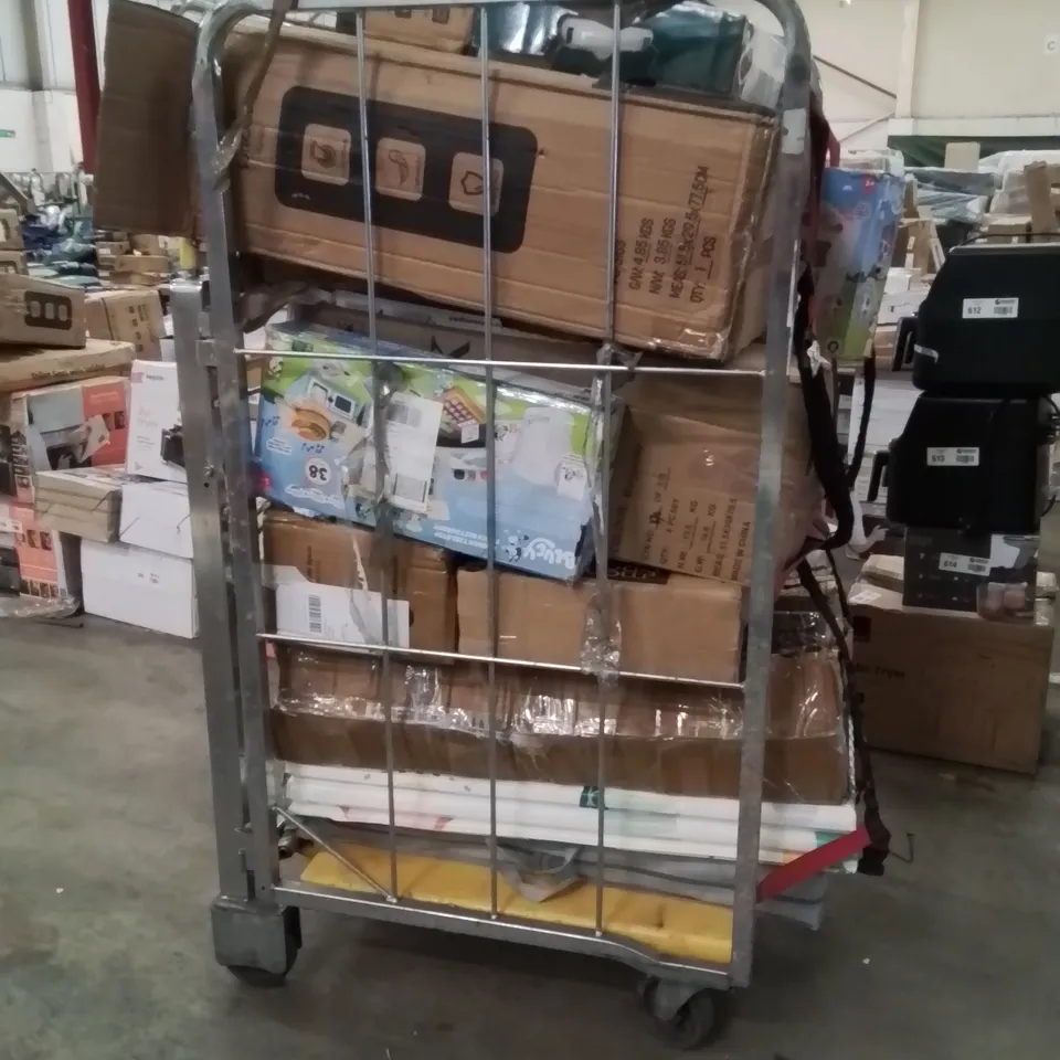 CAGE OF ASSORTED HOUSEHOLD GOODS AND PRODUCTS TO INCLUDE;AIR FRYER,SUITCASE,HEATED THROW PLAY MATS