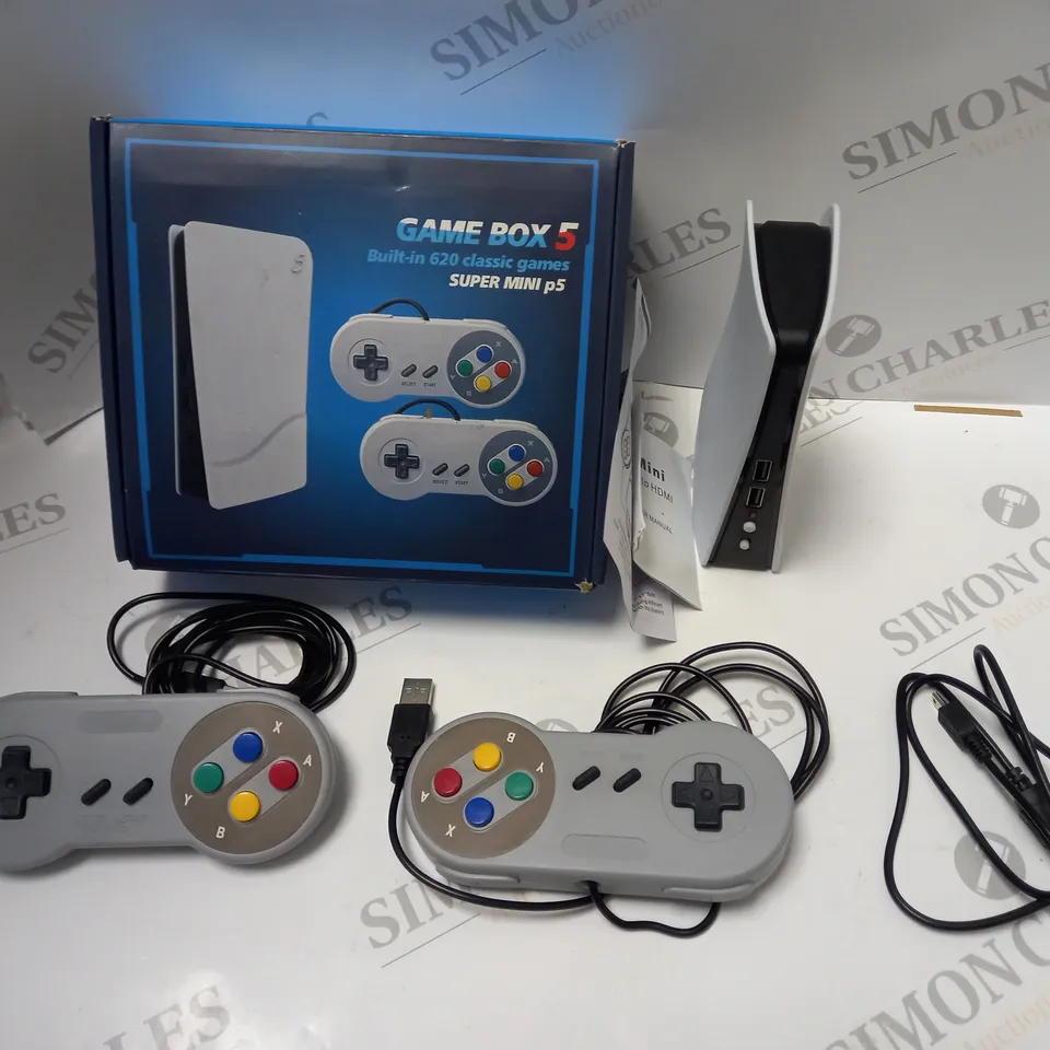 BOXED GAME BOX SUPER MINI P5 WITH 2 CONTROLLERS, INSTRUCTIONS AND USB CABLE