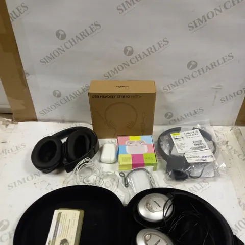 LOT OF ASSORTED HEAD PHONES AND HEAD PHONE ACCESSORIES