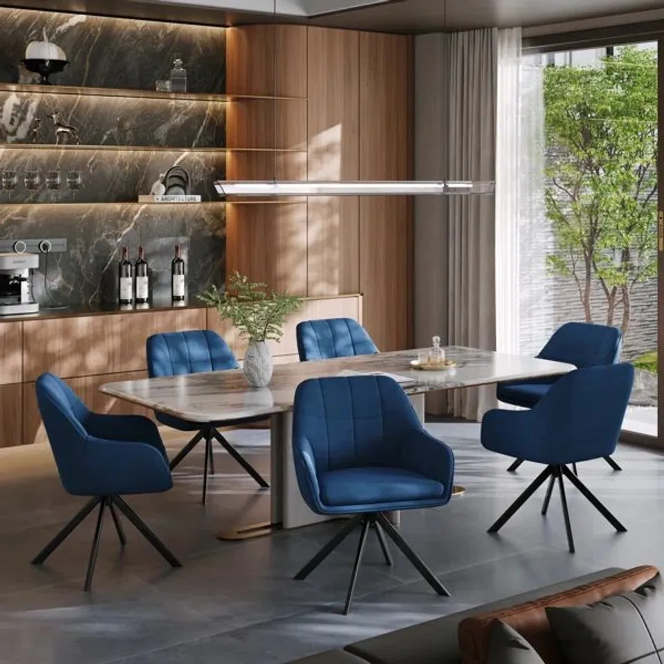 BOXED MODERN FABRIC SWIVEL UPHOLSTERED DINING CHAIR WITH ARM SET OF 4 - DARK BLUE (2 BOXES)