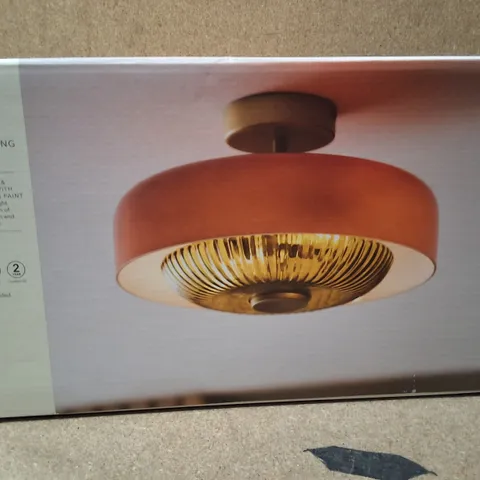 BOXED DUNELM FLOYD 2-LIGHT FLUSH CEILING FITTING β ORANGE GLASS & ANTIQUE BRASS FINISH