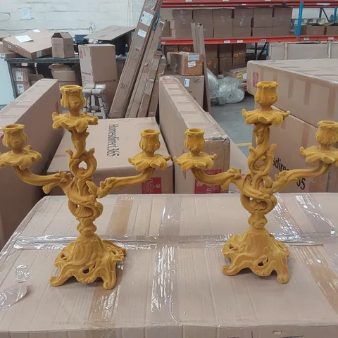 BOXED PAIR OF HOMESDIRECT365 MUSTARD YELLOW FLOCK ORNATE CANDELABRAS (2 BOXES)