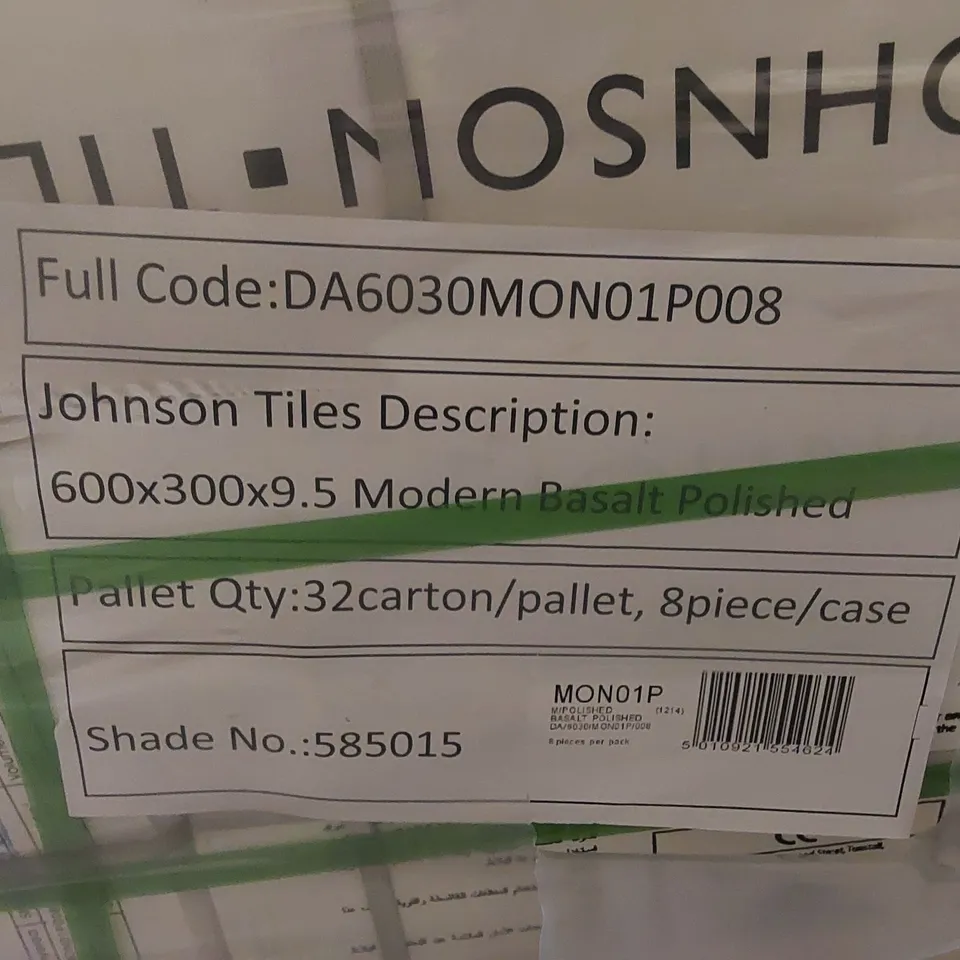 PALLET TO CONTAIN APPROX 32 X PACKS OF JOHNSON TILES MODERN BASALT POLISHED PORCELAIN FLOOR & WALL TILES - 8 TILES PER PACK // TILE SIZE: 600 X 300 X 9.5mm